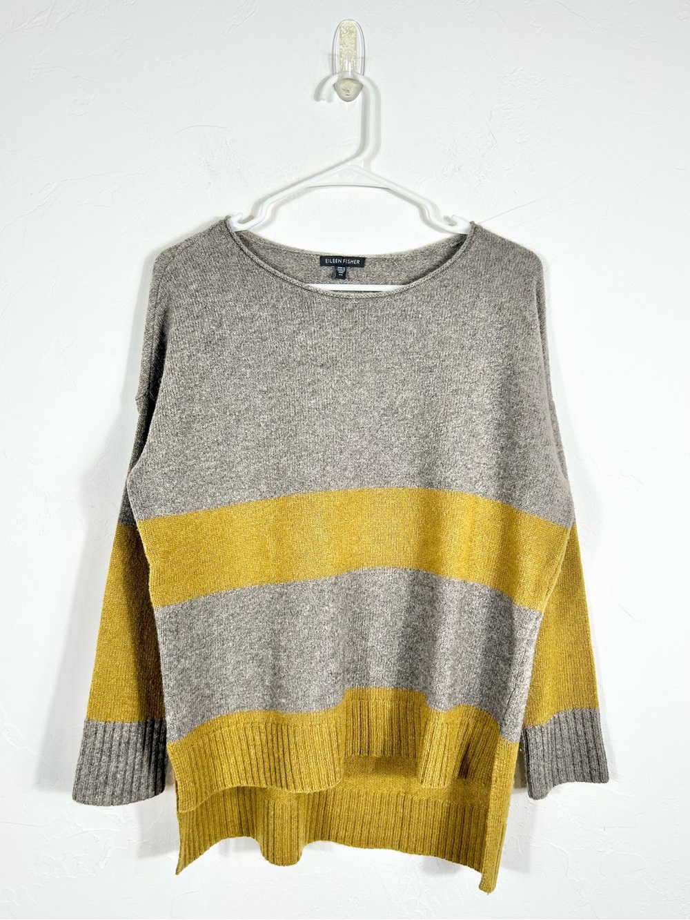 Eileen Fisher Yak Wool Colorblock Boatneck Tunic Sweater Grey Chartreuse